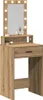 A makeup vanity table with a mirror and lights. Voir les images du produit
