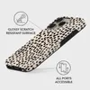 A phone case with a dalmatian-like pattern is shown diagonally against a light gray background. Callouts highlight its features. Podgląd zdjęcia produktu
