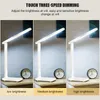 Three images of a white LED desk lamp showing different brightness levels. Produktbild-Vorschau
