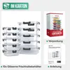 A collage of product images showing glass food storage containers, packaging, and an instruction manual. Produktbild-Vorschau