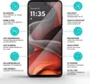 A smartphone screen protector is shown with various features highlighted by text and icons. Produktbild-Vorschau