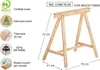 A wooden sawhorse with dimensions and product information displayed around it. Produktbild-Vorschau