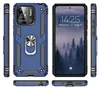Multiple views of a blue phone case with a ring holder, shown from different angles, and a phone with a forest wallpaper. Produktbild-Vorschau
