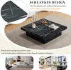 A square coffee table with a marble-like pattern on a rug, with decorative items on top. The image also includes smaller inset images of living room scenes. Produktbild-Vorschau