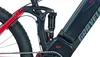 A close-up view of the rear suspension and battery pack of an electric mountain bike. Produktbild-Vorschau
