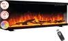 A black electric fireplace with realistic flame and log effects, shown with a remote control. Voir les images du produit