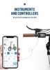A smartphone displaying an e-bike app is shown next to the e-bike's handlebars and display. Produktbild-Vorschau
