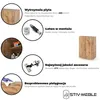 A collage of product features for a bathroom cabinet, including material, assembly, quality, and care instructions. Podgląd zdjęcia produktu
