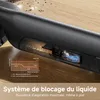A close-up view of a black handheld vacuum cleaner on a wooden surface, with a cutaway showing internal components and a graph illustrating suction power. Produktbild-Vorschau