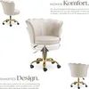A marketing image showcasing a cream-colored office chair with gold accents, highlighting its comfort and design features. Produktbild-Vorschau