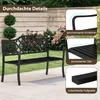 A black metal garden bench is shown outdoors with decorative plants and a wooden fence in the background. Insets highlight specific features of the bench. Podgląd zdjęcia produktu