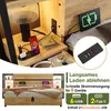 A close-up view of a bedside table with charging devices, and a wider shot of a bed frame with integrated charging features. Produktbild-Vorschau
