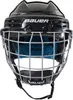 A black hockey helmet with a silver cage and blue padding, shown from the front. Anteprima dell’immagine prodotto