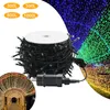A spool of black LED string lights with a power adapter, shown against a background of colorful illuminated arches and text labels indicating different lengths. Náhled obrázku produktu