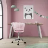 A pink velvet office chair is placed in front of a wooden desk in a pink room. Náhled obrázku produktu