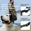A man stands behind a dog wearing ear protection, with close-up shots of the product's features. Produktbild-Vorschau