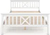 A white wooden bed frame with a slatted base, shown from the front. Produktbild-Vorschau