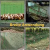 A collage of four images showing green plastic fencing used in different outdoor settings, including around chickens, on a slope, and with bushes. Produktbild-Vorschau