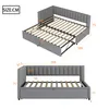 Two views of a gray upholstered sofa bed with dimensions labeled in centimeters. Anteprima dell’immagine prodotto