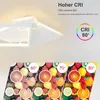 A modern ceiling lamp is shown from a low angle, with a marketing graphic overlay highlighting its high CRI (Color Rendering Index) feature. Below, three images of fruit are displayed under different CRI levels (60+, 70+, 80+) to demonstrate color accuracy Produktbild-Vorschau