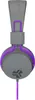 A close-up, straight-on view of a pair of gray headphones with purple accents. Produktbild-Vorschau