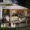 An outdoor patio scene at dusk, featuring a khaki gazebo with furniture and lighting. Náhled obrázku produktu