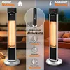 Collage showing an indoor and outdoor use of a TRESKO infrared heater, with feature callouts. Náhled obrázku produktu