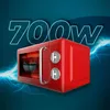 A red retro-style microwave with a bowl inside, set against a blue background with electric blue lightning effects and the text '700W' in neon blue. Anteprima dell’immagine prodotto