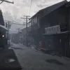 A dark, atmospheric street scene in what appears to be an old Japanese town, with traditional wooden buildings lining a narrow, wet cobblestone street. Overhead power lines and poles crisscross the sky, adding to the moody atmosphere. The lighting is dim a Náhled obrázku produktu