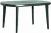 A dark green plastic garden table with four legs, shown on a white background. Voir les images du produit