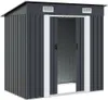 A dark gray metal garden shed with white trim and double doors. Náhled obrázku produktu