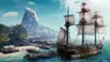 A pirate ship docked at a tropical island harbor with a large mountain in the background. Produktbild-Vorschau
