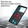 A black phone case with a geometric pattern and heat dissipation graphics, set against a blurred, abstract background. Produktbild-Vorschau