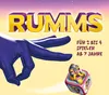A marketing image for a dice game called Rumms, featuring a stylized hand and a die with a character face. Produktbild-Vorschau