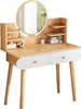 A wooden vanity table with a round mirror and two drawers, decorated with makeup. Podgląd zdjęcia produktu
