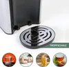 A close-up of a hot water dispenser with a drip tray, accompanied by four smaller circular images showing a glass of water, a baby being fed from a bottle, noodles on a fork, and a cup of tea. Produktbild-Vorschau