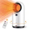 A white bladeless fan heater with orange heat waves emanating from it, shown with a remote control. Produktbild-Vorschau