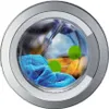 Inside a washing machine drum, showing laundry and two green washing balls. Podgląd zdjęcia produktu