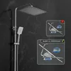 A shower system is shown against a dark marble background, with two inset images demonstrating weight comparisons. Produktbild-Vorschau