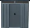 A front view of a gray metal shed with double doors and a dark gray roof. Produktbild-Vorschau