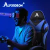 A man wearing a VR headset plays a video game while sitting in a gaming chair. Produktbild-Vorschau
