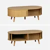 Two views of an oval wooden coffee table with slatted sides and open shelving. Produktbild-Vorschau