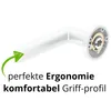 A white door handle with a round rosette, shown from a diagonal angle, with a green arrow pointing to the handle and text describing its features. Produktbild-Vorschau