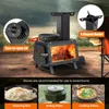 A portable wood-burning stove with a fire visible inside, set up outdoors in a natural environment. Insets show a fan and a cross-shaped holder. Below are images of food being prepared. Náhled obrázku produktu