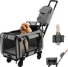 A dog in a pet carrier on wheels, with a smaller carrier and a person holding a carrier shown in inset images. Náhled obrázku produktu