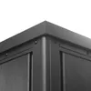 A close-up view of the corner of a dark gray metal garden shed. Náhled obrázku produktu