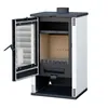 A white and black wood-burning stove with its door open, shown against a white background. Produktbild-Vorschau