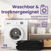 A washing machine and shelves with folded towels, with a folded black duvet in the foreground. Produktbild-Vorschau