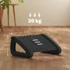A black footrest is shown on a wooden floor, with dimensions and weight capacity indicated by text overlays. Podgląd zdjęcia produktu