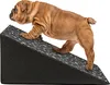 A brown puppy is climbing up a gray pet ramp with a paw print pattern. Produktbild-Vorschau